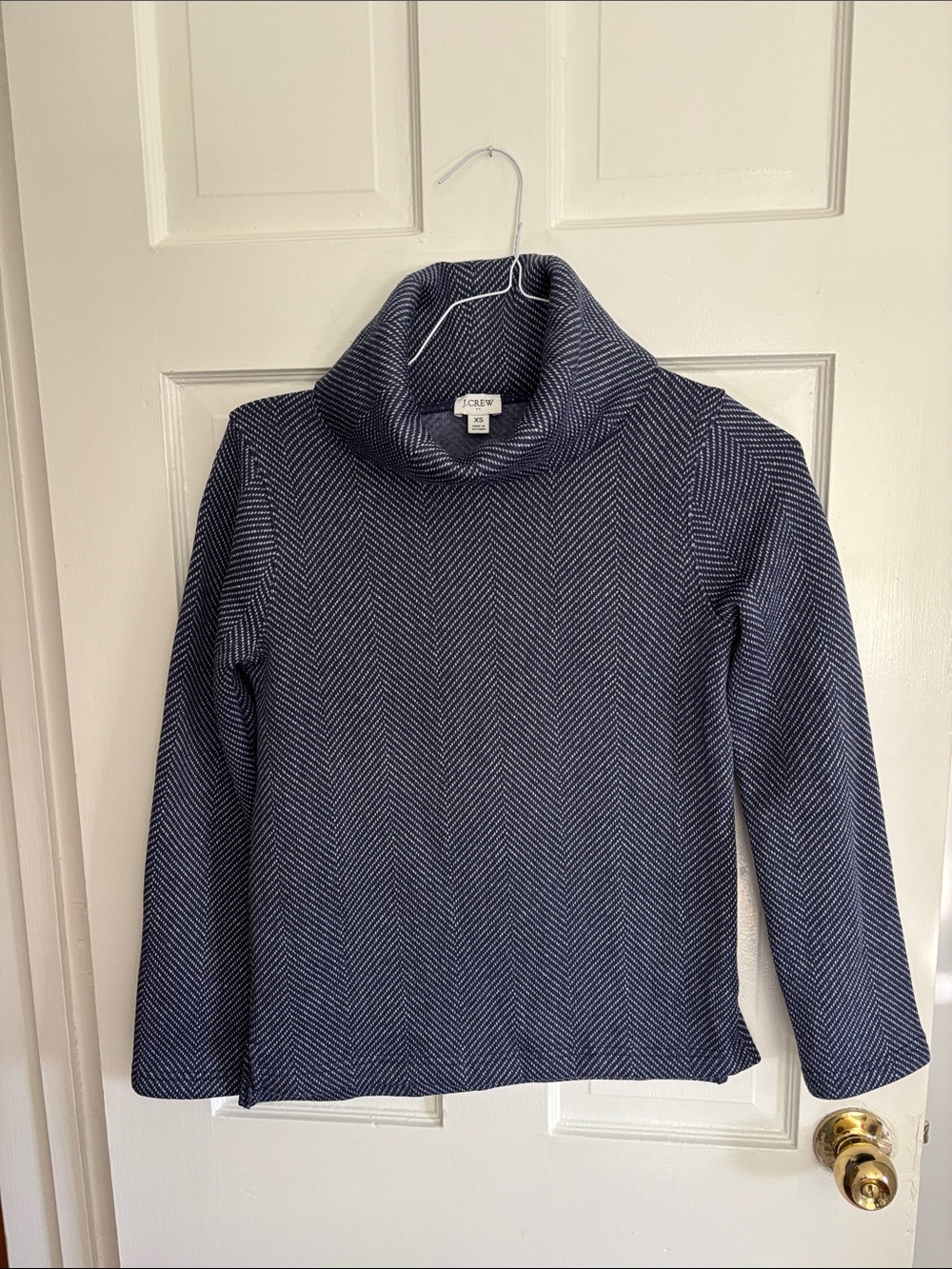 J. Crew Navy and White Herringbone Cowl Neck Sweater